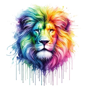 May include: A colourful watercolour illustration of a lion's head. The lion's mane is a spectrum of colours, including green, yellow, orange, and purple. The artwork features paint drips and splatters, creating a dynamic effect. The lion's face is detailed.
