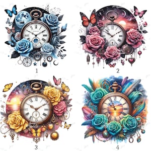 Puede incluir: Cuatro diseños de arte digital con relojes de bolsillo rodeados de flores y mariposas. Cada diseño tiene una combinación de colores diferente: azul, rosa, amarillo y turquesa. Los relojes de bolsillo tienen números romanos y detalles ornamentados.