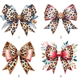 Può includere: Quattro fiocchi decorativi con motivo leopardato. Ogni fiocco ha un design diverso, con accenti dorati, piume e nastri rosa o rossi. I fiocchi sono numerati da 1 a 4.