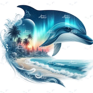 May include: A digital art illustration of a dolphin leaping over a tropical beach scene. The dolphin is blue and white, with a detailed depiction of the ocean, palm trees, and a sunset. The background features a night sky with aurora borealis.