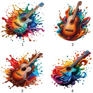 Puede incluir: Cuatro ilustraciones de guitarras coloridas. Cada guitarra está rodeada de un salpicadero de pintura vibrante en varios colores. Las guitarras tienen diferentes diseños, incluyendo estilos acústicos y eléctricos, con diferentes esquemas de color y detalles.
