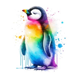 May include: A watercolour illustration of a penguin with a rainbow-coloured body. The penguin has a black head, white face, and a colourful beak. Splatters of paint in various colours surround the penguin, creating a vibrant and artistic effect.