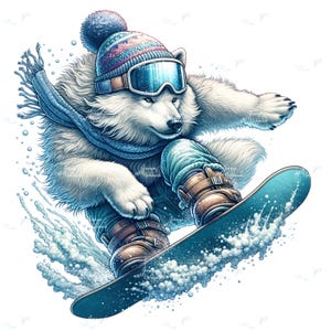 Può includere: Illustrazione digitale di un orso polare che fa snowboard. L'orso indossa un cappello di lana blu e bianco, occhiali e una sciarpa. Indossa una giacca blu e stivali marroni. Lo snowboard è turchese e l'immagine ha un tema invernale.