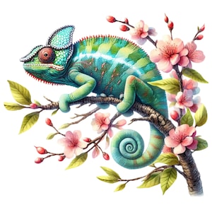 Peut inclure: Illustration colorée d'un caméléon sur une branche ornée de fleurs roses et de feuilles vertes. Le caméléon a une tête turquoise, un corps vert et bleu, et une queue enroulée. L'œuvre est sur fond blanc.