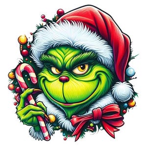 Könnte beinhalten: Eine farbenfrohe Illustration eines grünen Charakters mit einem verschmitzten Grinsen, der einen roten Weihnachtsmannhut mit weißem Rand trägt. Die Figur hält eine Zuckerstange und ist von Weihnachtsschmuck und einer roten Schleife umgeben.