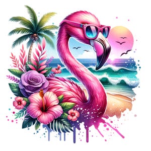 May include: A colourful illustration of a pink flamingo wearing sunglasses, set against a tropical beach scene. The flamingo is surrounded by flowers and palm trees, with a sunset and ocean waves in the background. The artwork has a watercolour style.