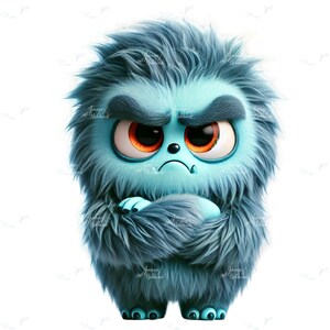 Könnte beinhalten: Cartoon-Illustration eines blauen, pelzigen Wesens mit wütendem Gesichtsausdruck. Die Kreatur hat große orangefarbene Augen, verschränkte Arme und ein grimmiges Gesicht. Das Bild hat einen weißen Hintergrund.