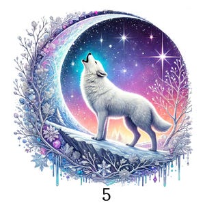 May include: A circular graphic illustration featuring a white wolf howling at a large crescent moon. The scene includes a snowy cliff, frost-covered branches, and a vibrant purple and blue starry night sky. The number 5 is printed at the bottom.