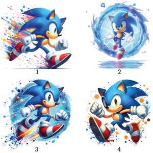 Puede incluir: Cuatro ilustraciones vibrantes de Sonic the Hedgehog en poses dinámicas. Cada imagen muestra el pelaje azul característico de Sonic, zapatos rojos y blancos y guantes blancos. Los fondos presentan salpicaduras coloridas y efectos de energía, enfatizando la velocidad y la acción.