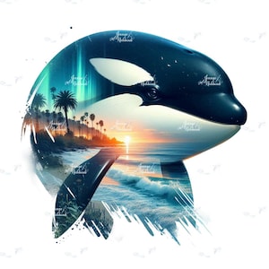 Peut inclure: Impression numérique d'une orque avec un paysage pittoresque à l'intérieur. La baleine est noire et blanche, avec une illustration détaillée d'une scène de plage au coucher du soleil. Des palmiers, des vagues et un ciel vibrant sont visibles.