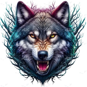 Könnte beinhalten: Digitale Illustration eines knurrenden Wolfsgesichts mit scharfen Zähnen und intensiven gelben Augen. Das Fell des Wolfs ist eine Mischung aus Grau, Schwarz und Weiß mit türkisfarbenen und violetten Akzenten. Das Bild wird von stilisierten Ästen umrahmt.