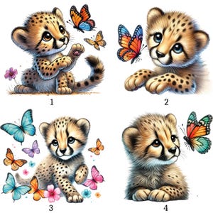 Puede incluir: Cuatro ilustraciones de cachorros de guepardo con mariposas. La imagen 1 muestra un cachorro alcanzando una mariposa. La imagen 2 muestra un cachorro con una mariposa. La imagen 3 muestra un cachorro rodeado de mariposas coloridas y flores.