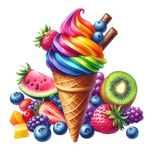Puede incluir: Ilustración colorida de un helado de arcoíris en un cono de gofre. El helado está cubierto con arándanos y barquillos de chocolate. Varias frutas, como fresas, sandía, kiwi y uvas, rodean el cono.