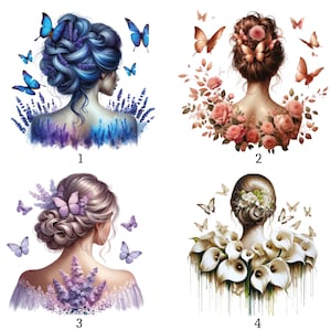 Könnte beinhalten: Vier Aquarellillustrationen von Frauen von hinten, jede mit floralen und Schmetterlingselementen geschmückt. Die erste zeigt blaue Haare und Schmetterlinge, die zweite Rosen und Schmetterlinge, die dritte Lavendel und Schmetterlinge und die vierte Calla-Lilien und Schmetterlinge.
