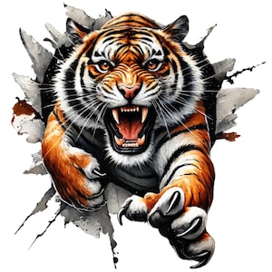 May include: A digital illustration of a tiger bursting through a wall. The tiger is orange and black with an open mouth, showing its teeth. The background is white with gray and brown cracks.