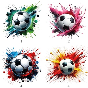 Könnte beinhalten: Vier Designs von Fußbällen mit schwarz-weißem Muster. Jeder Ball ist von einem farbenfrohen Farbspritzer in verschiedenen Farbschemata umgeben: Grün, Pink, Blau und Rot sowie Gelb und Rot.