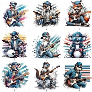 Könnte beinhalten: Neun digitale Illustrationen mit anthropomorphen Tieren als Musikern. Die Kunstwerke zeigen ein Erdmännchen, einen Tiger, einen Fuchs, einen Waschbären, einen Otter, einen Koala und einen Wolf, die jeweils Instrumente wie Gitarren und Schlagzeug spielen, in einem lebendigen, dynamischen Stil.