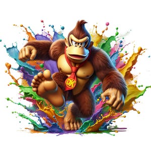 Könnte beinhalten: Eine dynamische Illustration von Donkey Kong, einem braunen, gorillaähnlichen Charakter, im Sprung. Er trägt eine rote Krawatte mit dem Logo "DK". Bunte Farbspritzer in Blau, Grün, Gelb und Lila erzeugen eine lebendige und energiegeladene Komposition.