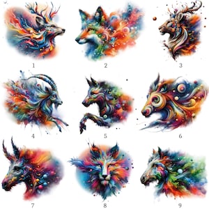 Puede incluir: Nueve retratos de animales vibrantes con diseños abstractos coloridos. La colección incluye un ciervo, un zorro, una cabra, un lobo, un jabalí y otras criaturas, cada uno representado con tonos arremolinados de azul, naranja y verde.