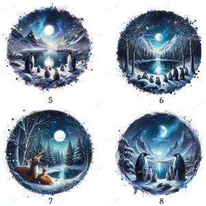 Könnte beinhalten: Vier kreisförmige Illustrationen mit Winterszenen mit Pinguinen und Hirschen. Jedes Bild zeigt einen Vollmond und eine verschneite Landschaft. Die Farbpalette umfasst Blau-, Weiß- und Schwarztöne und erzeugt eine ruhige Nachtatmosphäre. Die Bilder sind mit 5, 6, 7 und 8 nummeriert.