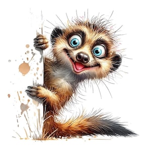 Puede incluir: Un suricato de dibujos animados con grandes ojos azules y una amplia y feliz sonrisa. El suricato es marrón y canela con una cola esponjosa, asomándose por detrás de una superficie blanca. Salpicaduras de estilo acuarela añaden al diseño juguetón.