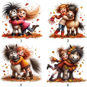 Può includere: Quattro illustrazioni di una ragazza che abbraccia un pony. I pony hanno criniere e code scure. Le ragazze indossano abiti autunnali e sono circondate da foglie autunnali. Le illustrazioni sono numerate da 1 a 4.