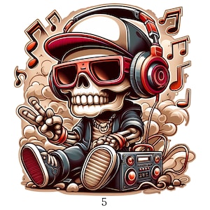 Iron-on patch, DJ skeleton, skull, iron-on motif