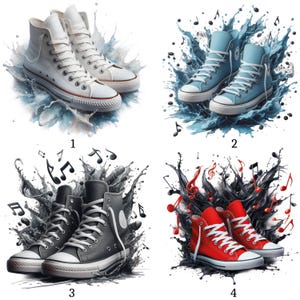Può includere: Quattro paia di sneakers alte bianche, azzurre, grigie e rosse, ciascuna con lacci bianchi e suole in gomma. Le sneakers sono raffigurate con schizzi d'acqua e note musicali, creando una composizione dinamica.