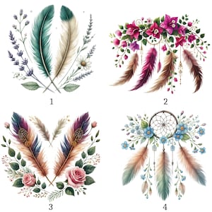 Könnte beinhalten: Ein Set aus vier digitalen Illustrationen mit botanischen Motiven und Federn. Design 1 zeigt Lavendel und zwei Federn. Design 2 enthält rosa Blüten und hängende Federn. Design 3 zeigt Rosen und zwei Federn. Design 4 beinhaltet einen Traumfänger.
