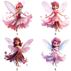 May include: Four illustrations of fairies in shades of pink. Each fairy has large, translucent wings and wears a dress with floral accents. The fairies have different hairstyles and poses, with a focus on a whimsical and magical theme.
