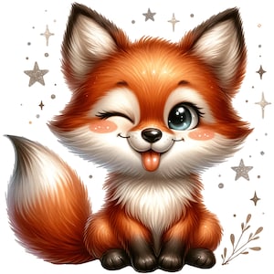 Könnte beinhalten: Cartoon-Illustration eines winkenden Fuchses mit orange-weißem Fell und herausgestreckter Zunge. Der Fuchs hat große blaue Augen und rosige Wangen. Glitzernde Sterne und Zweige sind im Hintergrund zu sehen, was ein verspieltes Design ergibt.