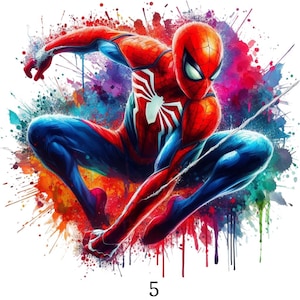 Könnte beinhalten: Eine dynamische Illustration von Spider-Man in einer hockenden Pose, in leuchtendem Rot und Blau dargestellt. Der Superheld steht vor einem farbenfrohen, abstrakten Hintergrund mit Farbspritzern. Die Zahl "5" ist unten sichtbar.
