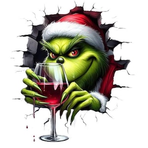Könnte beinhalten: Ein grüner Cartoon-Charakter mit Weihnachtsmütze, der ein Glas Rotwein hält. Das Gesicht des Charakters blickt durch eine zerbrochene Wand. Der Charakter hat rote Augen und ein verschmitztes Grinsen. Das Weinglas ist klar mit einem silbernen Stiel.