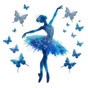 Può includere: Illustrazione ad acquerello di una ballerina in un tutù blu, circondata da farfalle blu e argentate. La ballerina è in una posa aggraziata, con un braccio alzato. L'immagine ha una qualità sognante ed eterea.