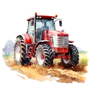 May include: A watercolour illustration of a red tractor with large black tyres and white rims. The tractor has a cab with windows and orange lights on top. It is depicted on a field of brown grass.
