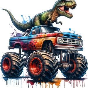 Op de afbeelding: Illustratie van een kleurrijke monstertruck met een T-Rex dinosaurus erop. De truck is geschilderd in blauw, oranje en rood, met verfspetters. De dinosaurus is groen en bruin. De achtergrond is wit.
