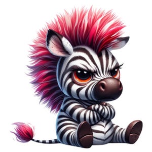 Op de afbeelding: Een cartoon zebra met zwart-witte strepen, een roze en rode hanenkam en grote, expressieve ogen. De zebra zit met gekruiste armen en zijn staart is ook roze. De algehele stijl is schattig en grillig.