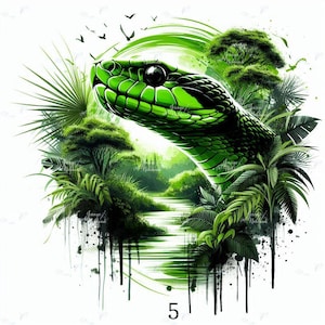 May include: A vibrant digital illustration of a green snake with a detailed, textured skin pattern. The snake's head is the focal point, surrounded by lush green foliage, trees, and a serene river scene. The number "5" is at the bottom.
