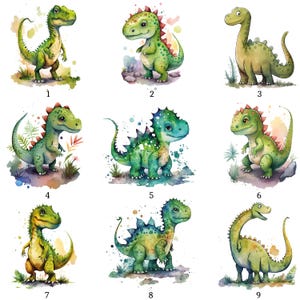 Può includere: Nove illustrazioni ad acquerello di simpatici dinosauri in varie pose. I dinosauri sono principalmente verdi con accenti rossi, blu e gialli. Ogni dinosauro ha un design e un'espressione unici, su sfondo bianco.