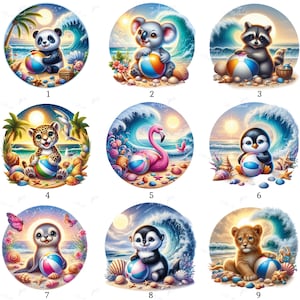 Può includere: Una collezione di nove illustrazioni circolari con adorabili animali sulla spiaggia. Ogni animale, tra cui un panda, un koala, un procione, un leopardo, un fenicottero, un pinguino, una foca e un cucciolo di leone, tiene una palla da spiaggia. Gli sfondi raffigurano onde, sabbia e conchiglie.