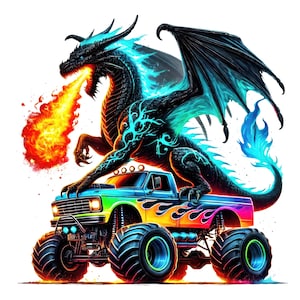 Könnte beinhalten: Fantasie-Illustration eines schwarzen Drachen mit blauen Flammen, der Feuer auf einen Monster-Truck speit. Der Truck ist blau mit Regenbogenflammen und großen schwarzen Reifen. Der Drache hat große Flügel und leuchtende blaue Markierungen.