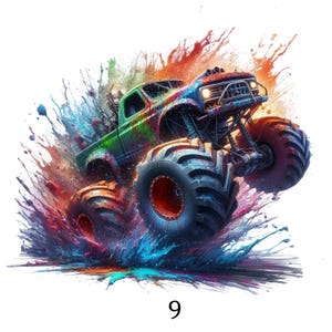 Può includere: Illustrazione colorata di un monster truck in azione, con pneumatici grandi e una carrozzeria dettagliata. Il camion è raffigurato con colori vivaci e circondato da schizzi di vernice. Il numero "9" è in basso.