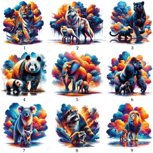 May include: A collection of nine vibrant animal illustrations, each featuring a parent and offspring. The animals include a tiger, wolf, panther, panda, elephant, gorilla, koala, raccoon, and lion. Each animal is set against a colorful, abstract background.
