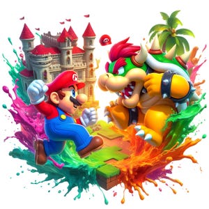 Könnte beinhalten: Lebendige Illustration von Mario und Bowser in einer dynamischen Kampfszene. Mario, in seiner roten Mütze und blauen Latzhose, springt auf Bowser zu, einer großen, stacheligen, schildkrötenartigen Kreatur. Ein Schloss und eine Palme befinden sich im Hintergrund, mit bunten Farbspritzern.