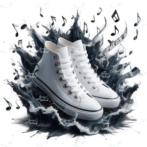 Puede incluir: Un par de zapatillas altas blancas con detalles en negro, sobre un fondo de agua estilizada en blanco y negro y notas musicales. Las zapatillas tienen cordones blancos y un diseño clásico, evocando la música y el movimiento.