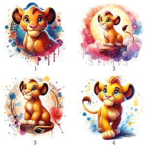 Puede incluir: Cuatro ilustraciones de acuarela de un cachorro de león en varias poses. Cada cachorro está representado con pelaje naranja, orejas grandes y ojos azules. Los fondos presentan salpicaduras coloridas y elementos celestiales, creando una estética caprichosa.