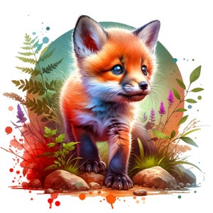 Könnte beinhalten: Aquarellillustration eines kleinen Fuchses mit orange-weißem Fell, blauen Augen und einem flauschigen Schwanz. Der Fuchs steht zwischen Felsen, Gras und bunten Pflanzen. Der Hintergrund zeigt eine grüne und blaue Kreisform.