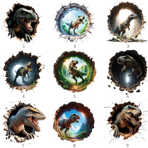 Op de afbeelding: Negen cirkelvormige afbeeldingen met illustraties van dinosaurussen die door een muur breken. De dinosaurussen zijn afgebeeld in verschillende poses en omgevingen, met gedetailleerde texturen en kleuren. Geschikt voor wandkunst of stickers.