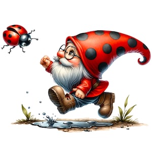 Könnte beinhalten: Eine skurrile Illustration eines Gartenzwergs, der durch eine Pfütze rennt, mit einem Marienkäfer in der Nähe. Der Zwerg trägt einen roten Mantel, eine blaue Hose, braune Stiefel und einen roten Hut mit schwarzen Punkten. Der Zwerg hat einen langen weißen Bart und trägt eine Brille.
