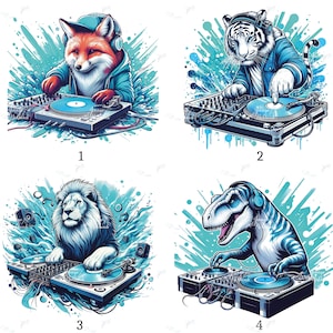 Op de afbeelding: Vier illustraties van dieren als dj's. Een vos, een tijger, een leeuw en een dinosaurus worden afgebeeld met een koptelefoon en draaitafels, tegen een achtergrond van blauwe verfspatten. Elk dier draagt een blauwe jas.